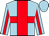 BODY CORNFLOWER BLUE, DARK RED CROSS (SWISS), SLEEVES CORNFLOWER BLUE, DARK RED HALVED (VERTICALLY), CAP CORNFLOWER BLUE