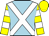 BODY LIGHT SKY BLUE, WHITE CROSSBELTS, SLEEVES YELLOW, WHITE HOOPED, CAP YELLOW