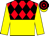 BODY RED, BLACK DIAMONDS, YELLOW HALVED (HORIZONTALLY), SLEEVES YELLOW, CAP RED, BLACK QUARTERED, YELLOW QUARTERED