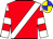 BODY RED, WHITE SASH, SLEEVES RED, WHITE CHEVRONS, CAP YELLOW, BLUE QUARTERED, RED QUARTERED