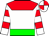 BODY RED, GREEN HALVED (HORIZONTALLY), WHITE HOOP, SLEEVES WHITE, RED HOOPED, CAP RED, GREEN QUARTERED, WHITE QUARTERED