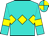 Turquoise, yellow diamond belt, yellow bars on sleeves, turquoise and yellow cap