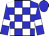 Blue and white blocks, white bars on blue sleeves, blue cap