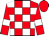 Red, white blocks, white bars on sleeves, red cap