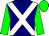 Navy, white cross sashes, green sleeves, green cap