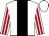 White, black and red belt, red stripes on sleeves, red cap